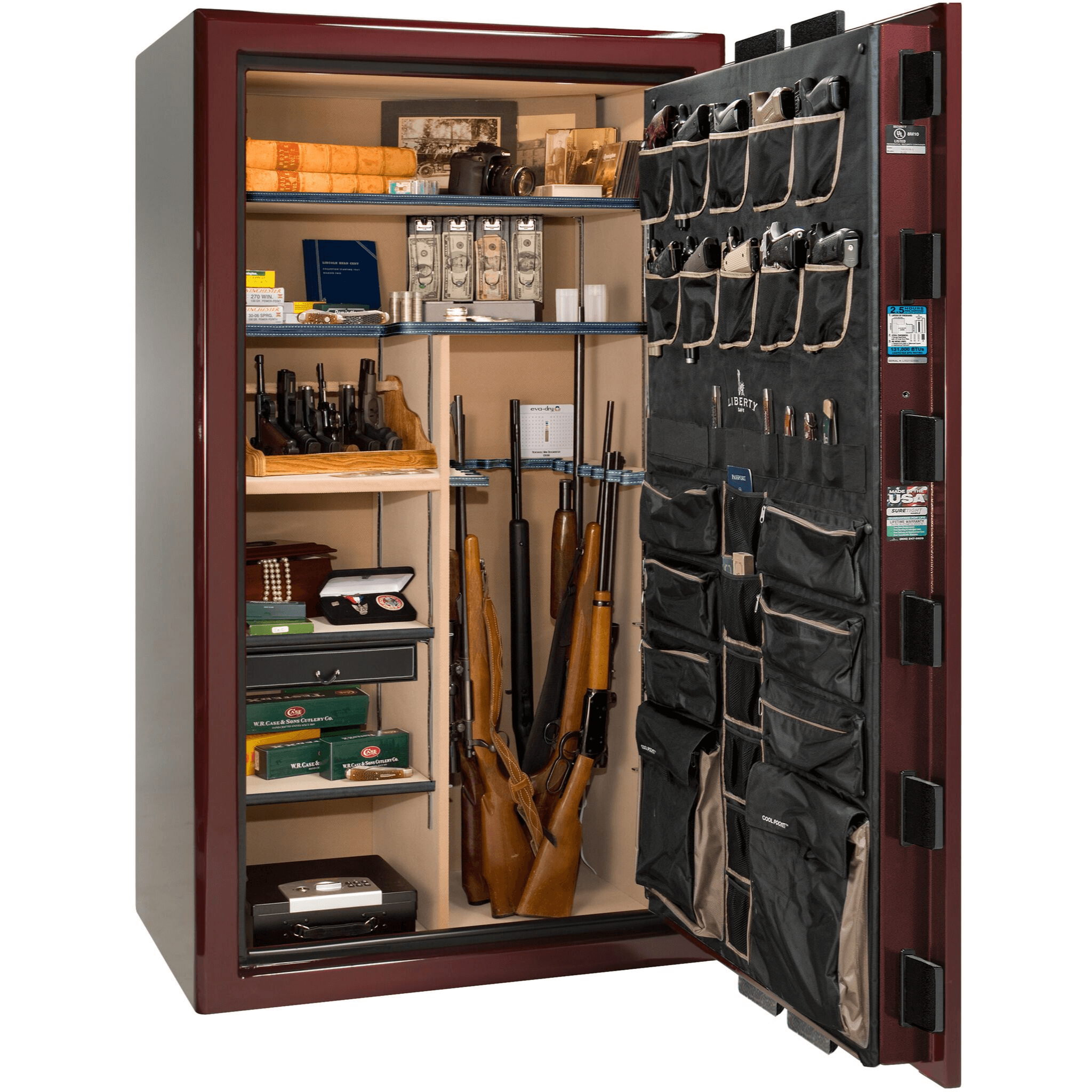 Presidential Series | Level 8 Security | 2.5 Hours Fire Protection | 50 | Dimensions: 72.5"(H) x 42.25"(W) x 27.75"(D*) | Burgundy Gloss | Gold Hardware | Electronic Lock | Idaho Safe & Vault, Caldwell Idaho