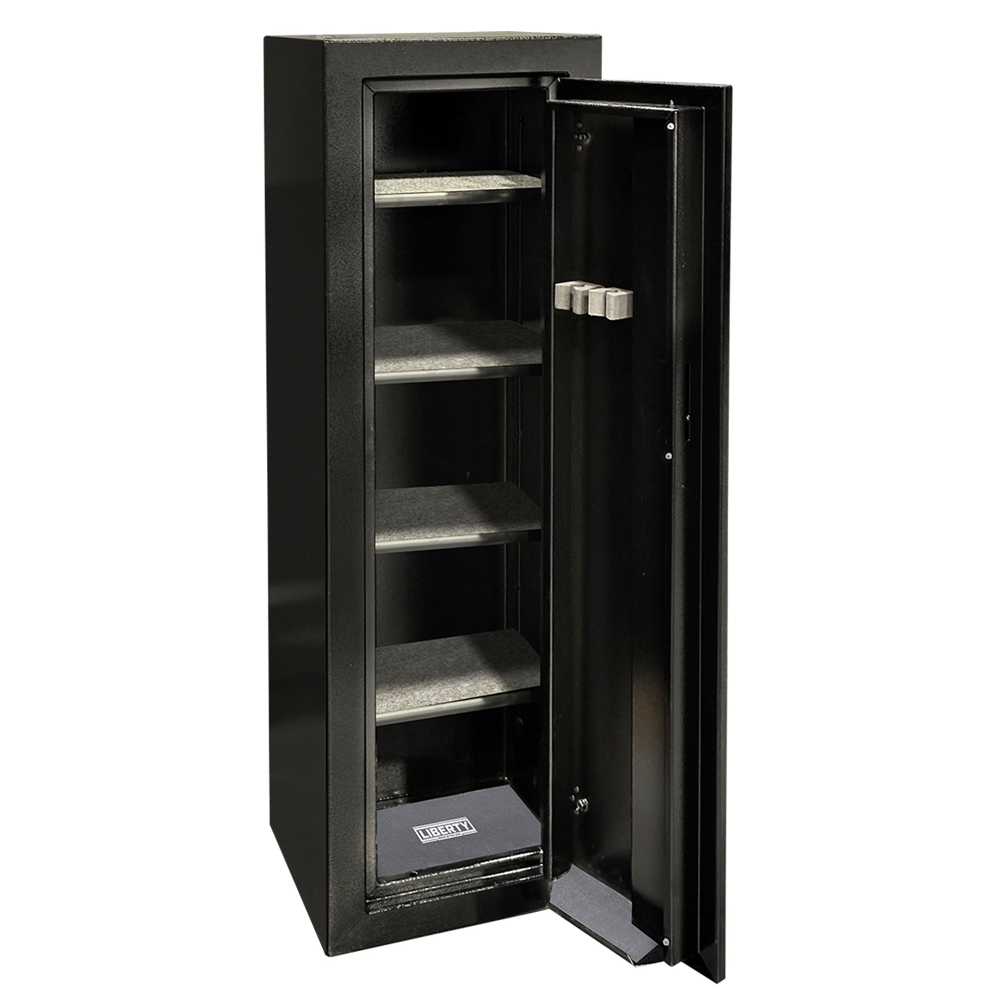 Ammo Cabinet 10 |  Dimensions: 59”(H) x 18”(W) x 16”(D) | 1 (Expandable to 2) Long Guns | Black - open | Idaho Safe & Vault, Caldwell Idaho