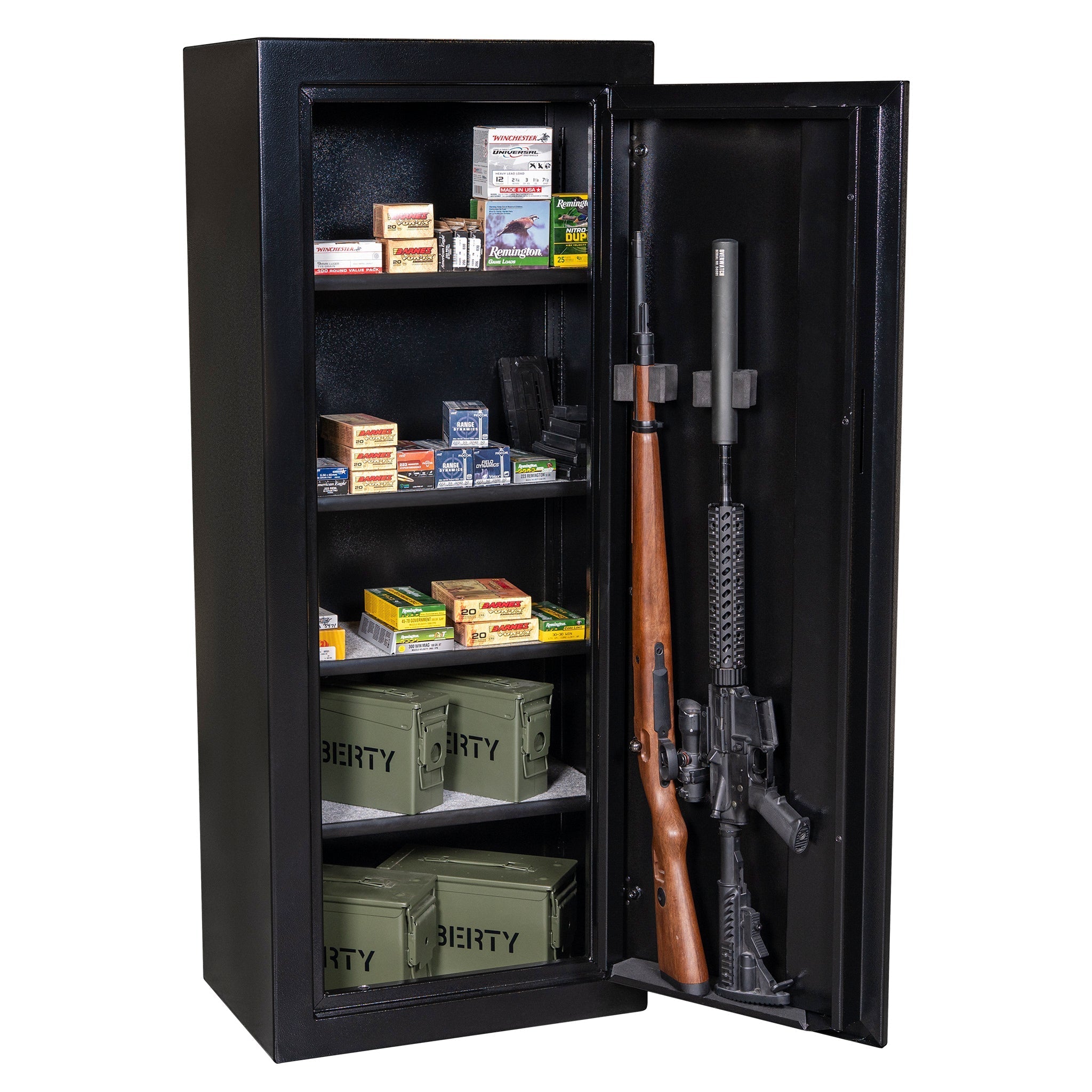 Ammo Cabinet 13 |  Dimensions: 59”(H) x 24”(W) x 16”(D) | 2 (Expandable to 4) Long Guns | Black - open | Idaho Safe & Vault, Caldwell Idaho