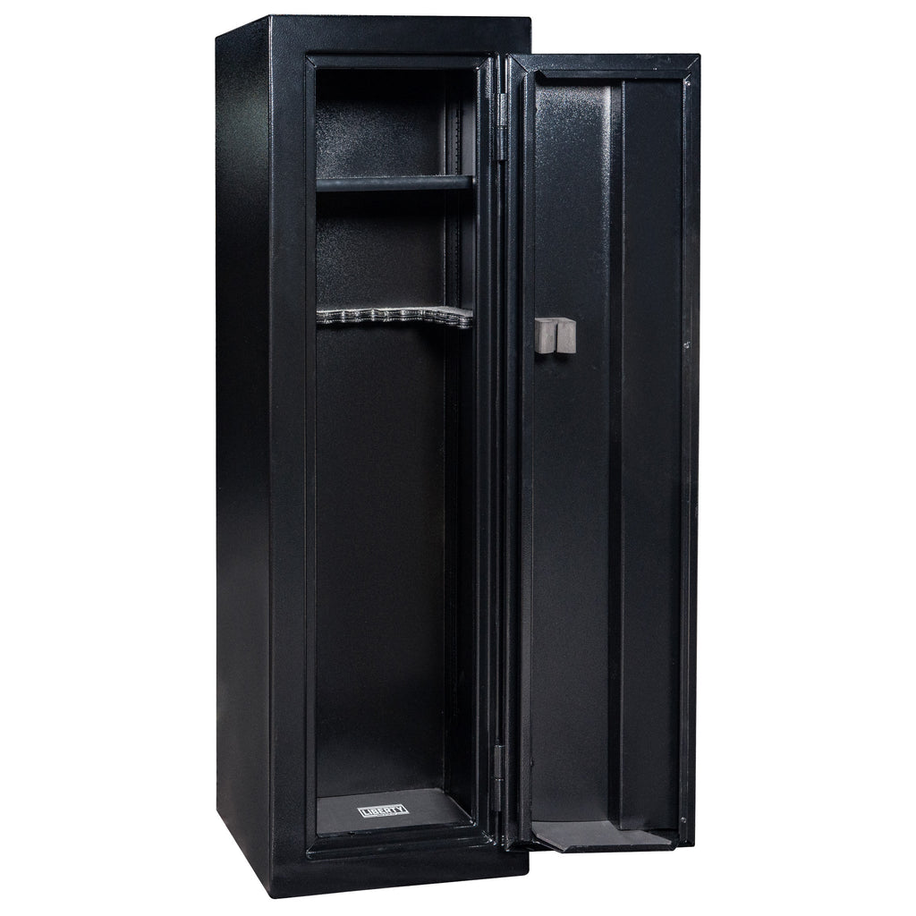Gun Cabinet 14 | Dimensions: 59"(H) x 18"(W) x 16"(D*) | Textured Black - Open | Idaho Safe & Vault, Caldwell Idaho