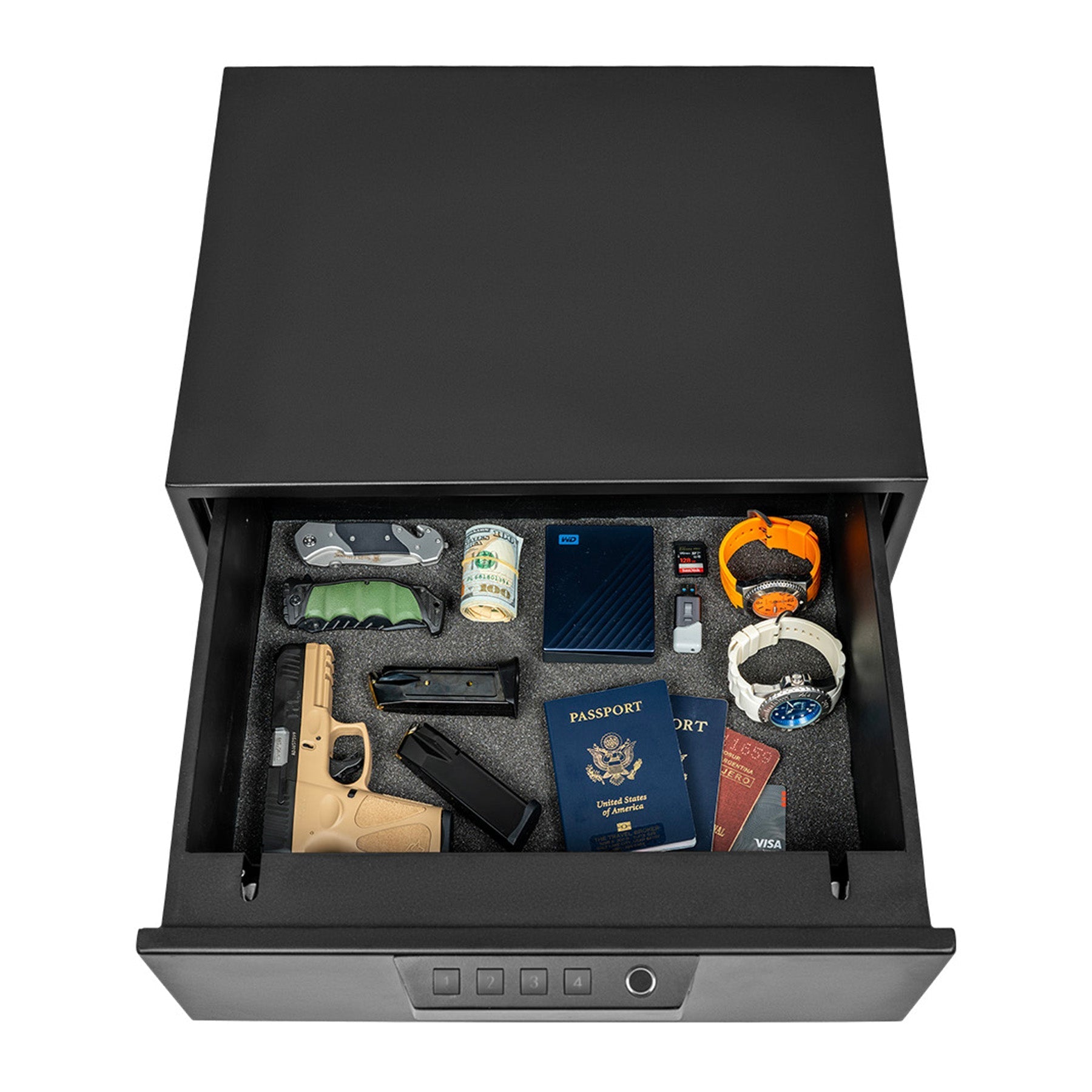HDV-500X | Home Defense Biometric Compact Vault | 16"(D) X 20”(W) X 7”(H) - Open | Idaho Safe & Vault, Caldwell Idaho