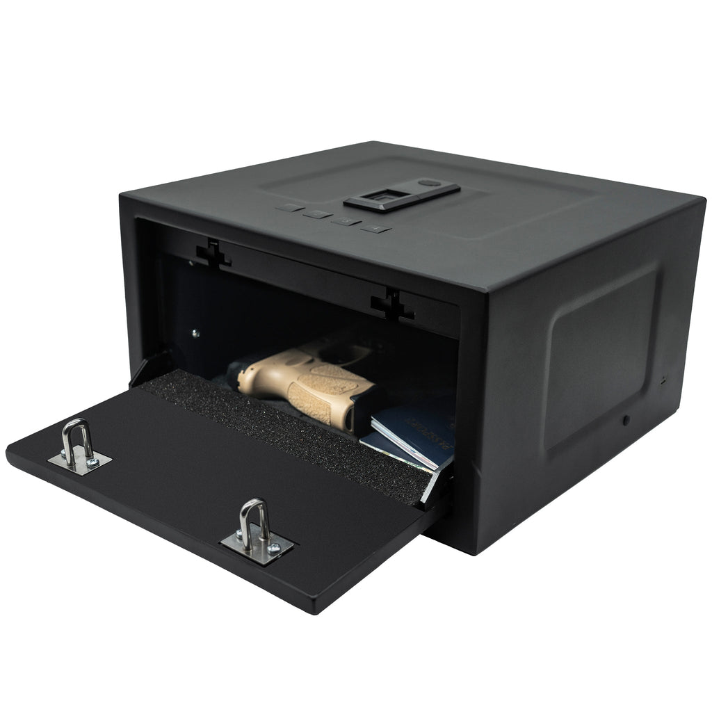 HDV-250X | Biometric Handgun Vault | 11.125”(D) X 12.374”(W) X 6.689”(H) Exterior Dimensions | Black - Open | Idaho Safe & Vault, Caldwell Idaho