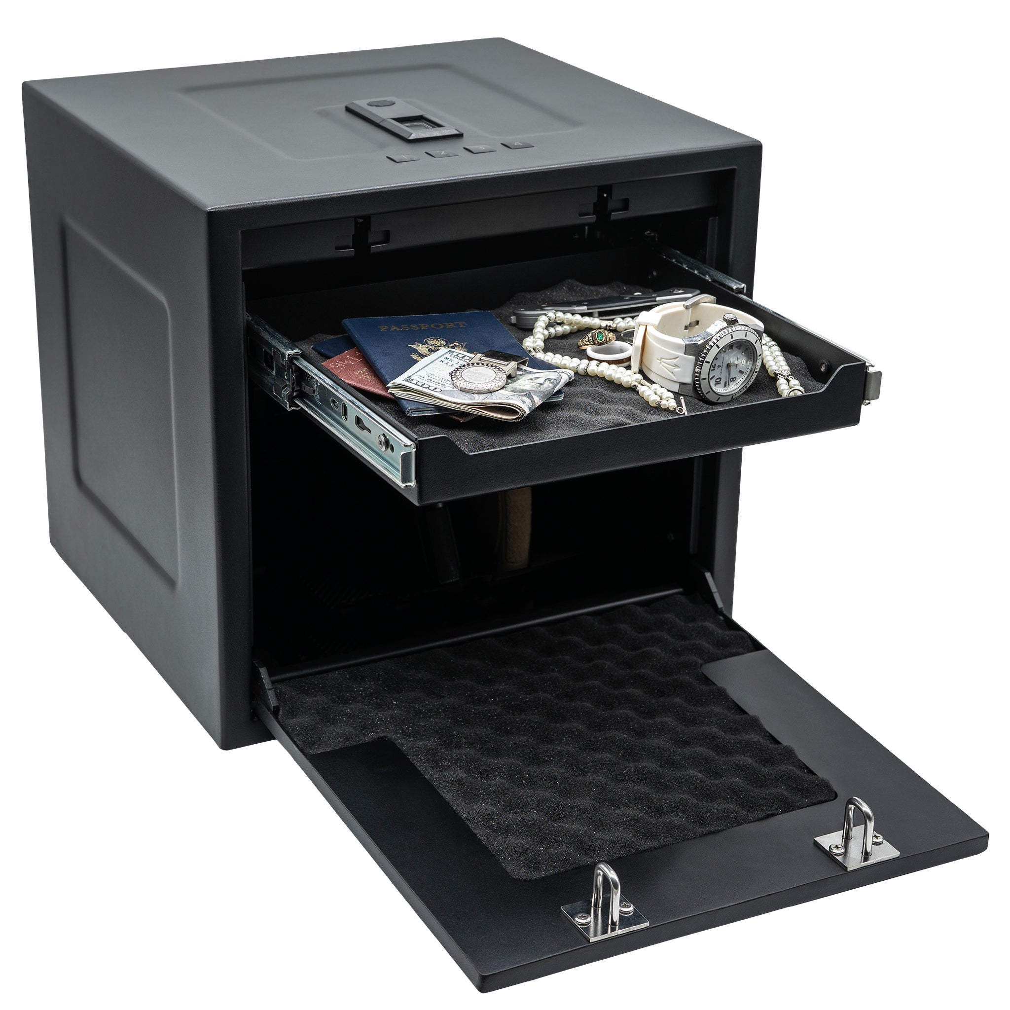 HDV-350X | Biometric Handgun Vault | 13”(D) X 14”(W) X 13”(H) Exterior Dimensions | Black - Open | Idaho Safe & Vault, Caldwell Idaho