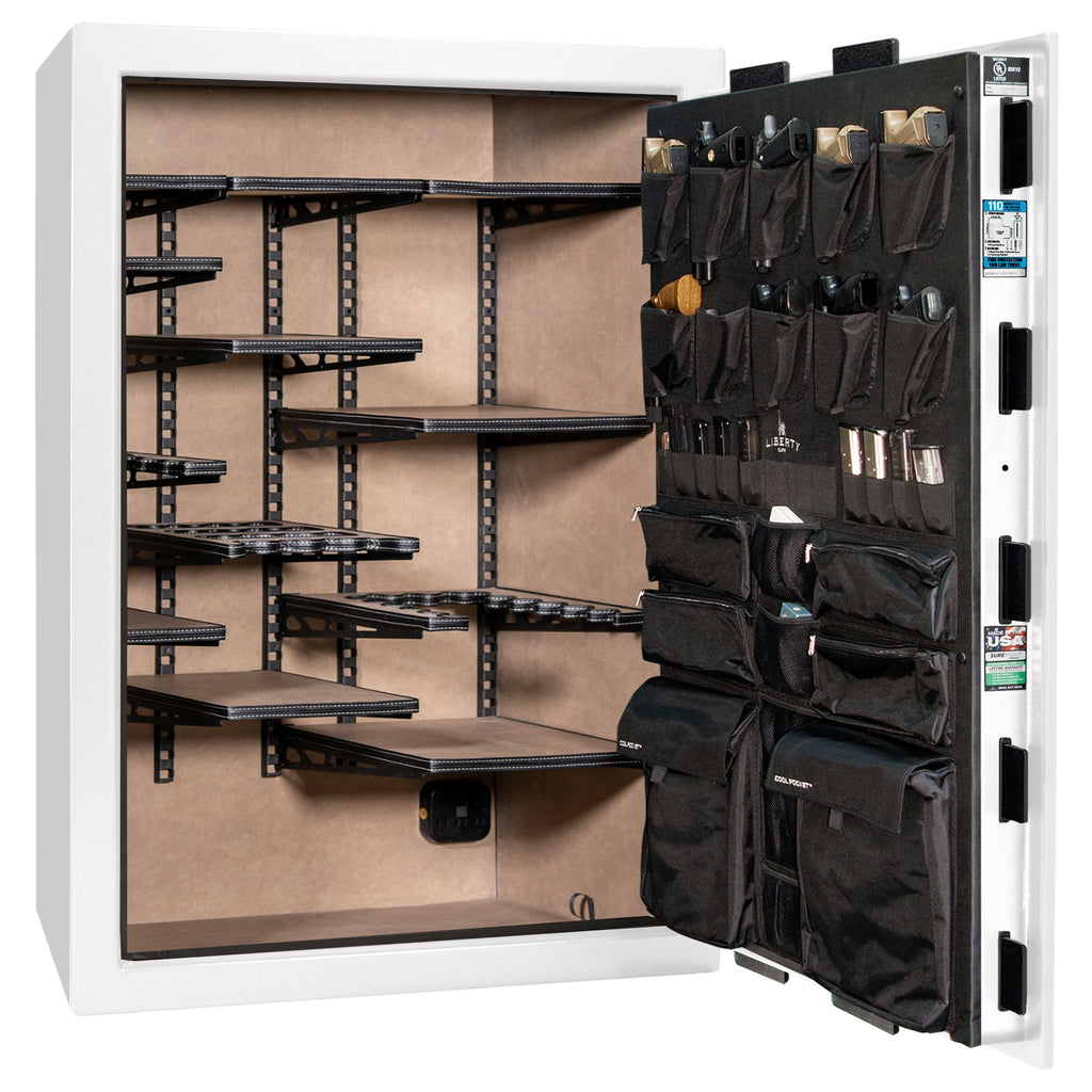 Franklin 45 | Pro Flex Interior | Level 5 Security | 110 Minute Fire Protection | Dimensions: 60.5"(H) x 42"(W) x 27.5"(D) | Up to 60 Long Guns | White Gloss Black Chrome | Electronic Lock - Open | Idaho Safe & Vault, Caldwell Idaho