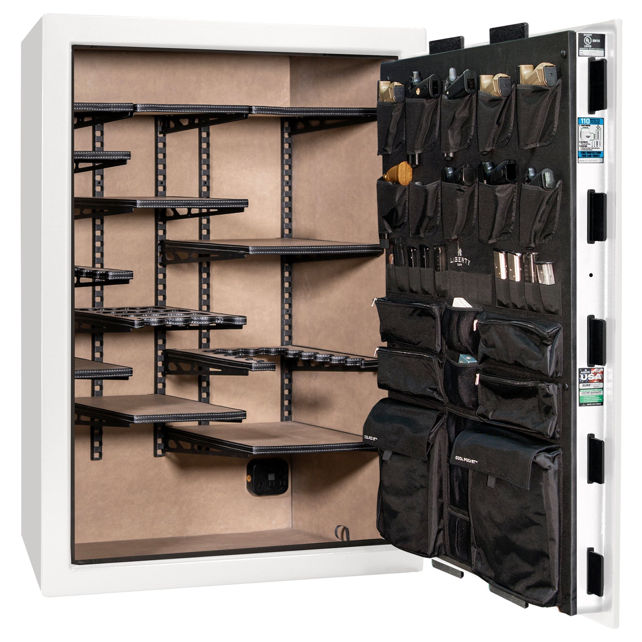Franklin 45 | Pro Flex Interior | Level 5 Security | 110 Minute Fire Protection | Dimensions: 60.5"(H) x 42"(W) x 27.5"(D) | Up to 60 Long Guns | White Gloss Black Chrome | Electronic Lock - Open | Idaho Safe & Vault, Caldwell Idaho
