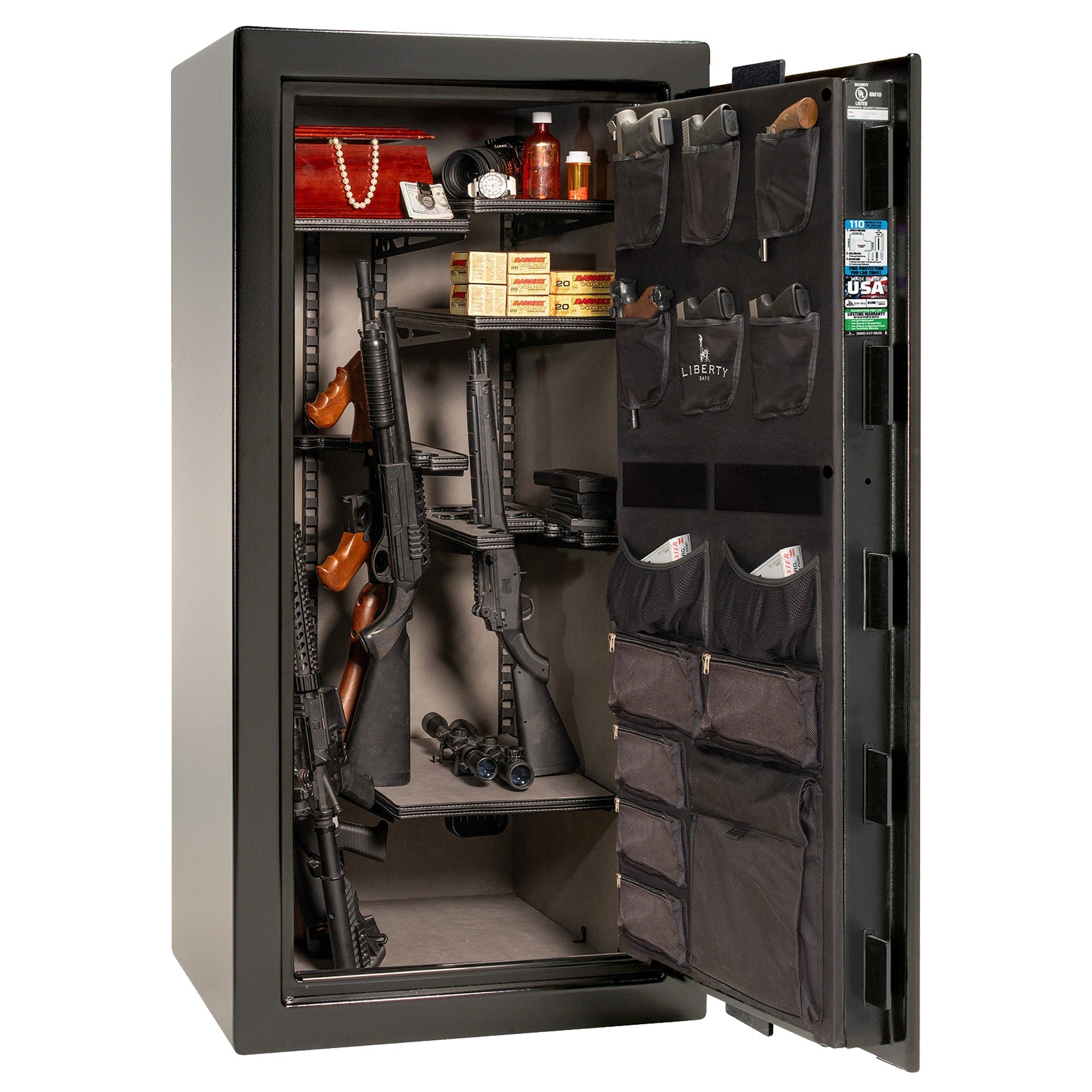 Franklin Series | Level 5 Security | 110 Minute Fire Protection | 29 | DIMENSIONS: 60.5"(H) X 30"(W) X 27.5"(D*) | Textured Black | ProFlex Modular Shelving – Open Door | Idaho Safe & Vault, Caldwell Idaho