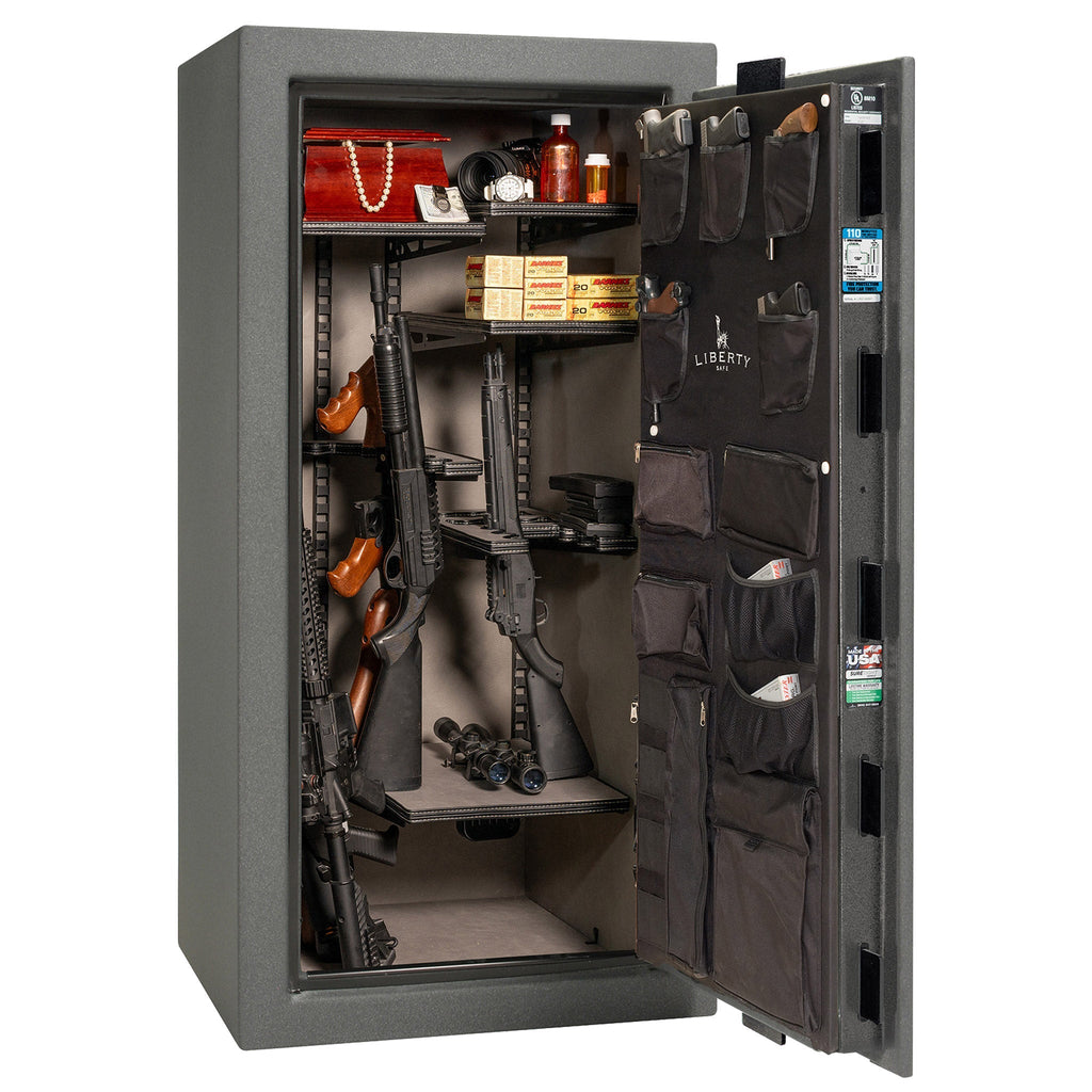 Franklin Series | Level 5 Security | 110 Minute Fire Protection | 29 | DIMENSIONS: 60.5"(H) X 30"(W) X 27.5"(D*) | Textured Granite | ProFlex Modular Shelving – Open Door | Idaho Safe & Vault, Caldwell Idaho