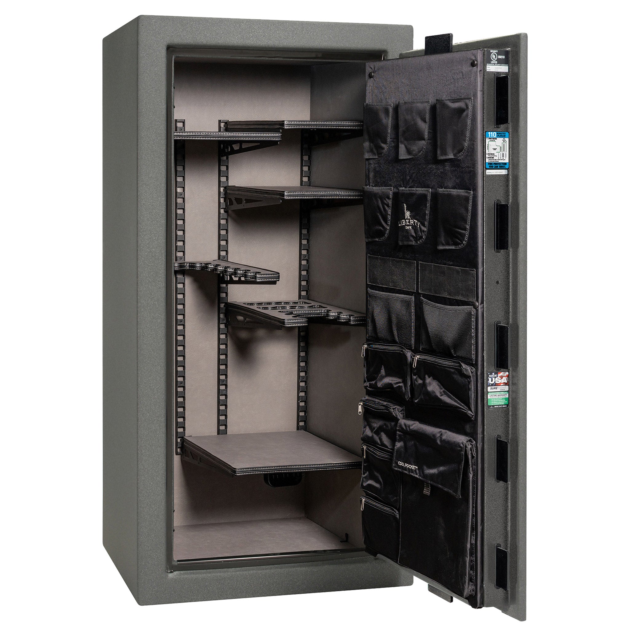 Franklin Series | Level 5 Security | 110 Minute Fire Protection | 29 | DIMENSIONS: 60.5"(H) X 30"(W) X 27.5"(D*) | Textured Granite | ProFlex Modular Shelving – Open Door Empty | Idaho Safe & Vault, Caldwell Idaho