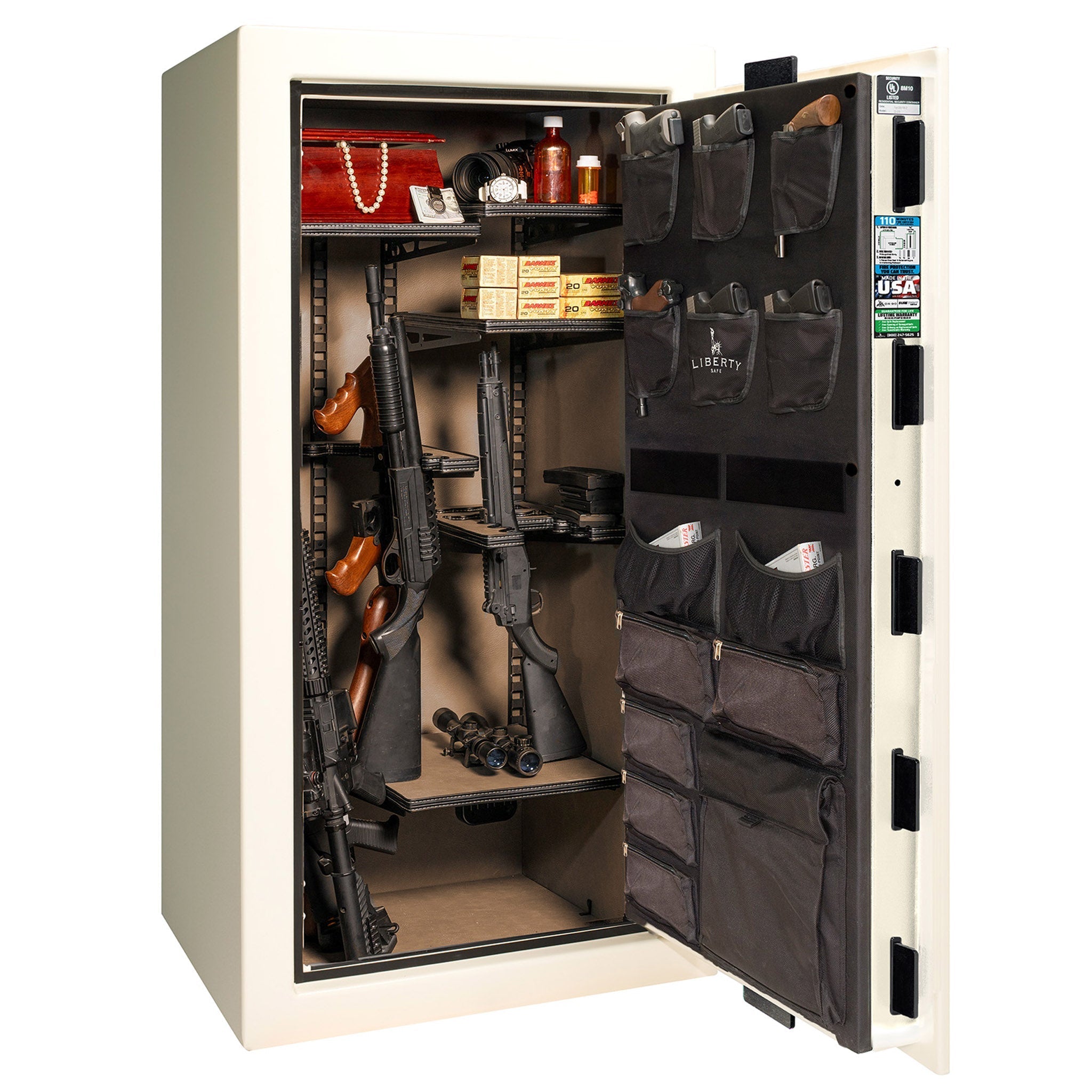 Franklin Series | Level 5 Security | 110 Minute Fire Protection | 29 | DIMENSIONS: 60.5"(H) X 30"(W) X 27.5"(D*) | White Gloss Black Chrome | ProFlex Modular Shelving – Open Door | Idaho Safe & Vault, Caldwell Idaho