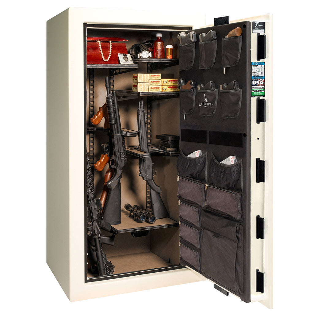 Franklin Series | Level 5 Security | 110 Minute Fire Protection | 29 | DIMENSIONS: 60.5"(H) X 30"(W) X 27.5"(D*) | White Gloss Brass | ProFlex Modular Shelving – Open Door | Idaho Safe & Vault, Caldwell Idaho