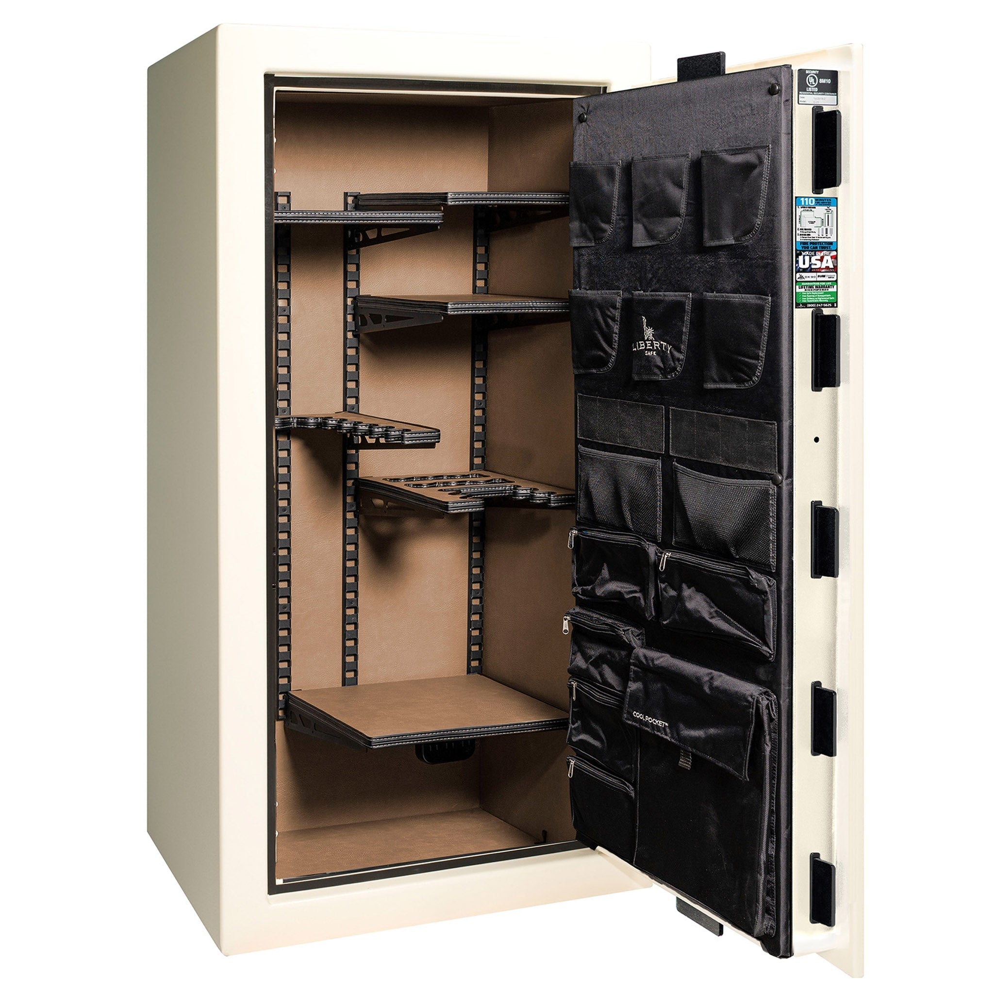 Franklin Series | Level 5 Security | 110 Minute Fire Protection | 29 | DIMENSIONS: 60.5"(H) X 30"(W) X 27.5"(D*) | White Gloss Brass | ProFlex Modular Shelving – Open Door Empty | Idaho Safe & Vault, Caldwell Idaho