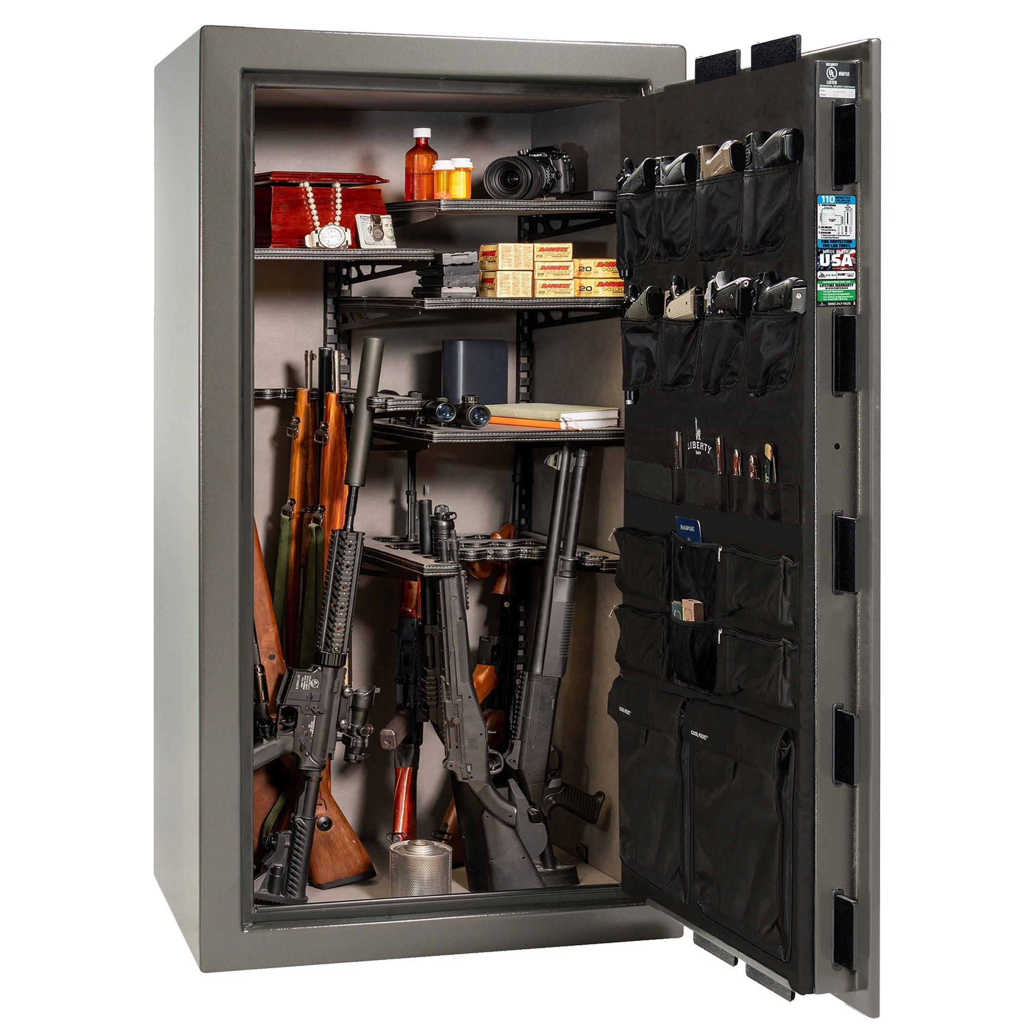 Franklin Series | Level 5 Security | 110 Minute Fire Protection | 40 | DIMENSIONS: 66.5"(H) X 36"(W) X 27.5"(D*) | Gray Marble | ProFlex Modular Shelving - Open Door | Idaho Safe & Vault, Caldwell Idaho