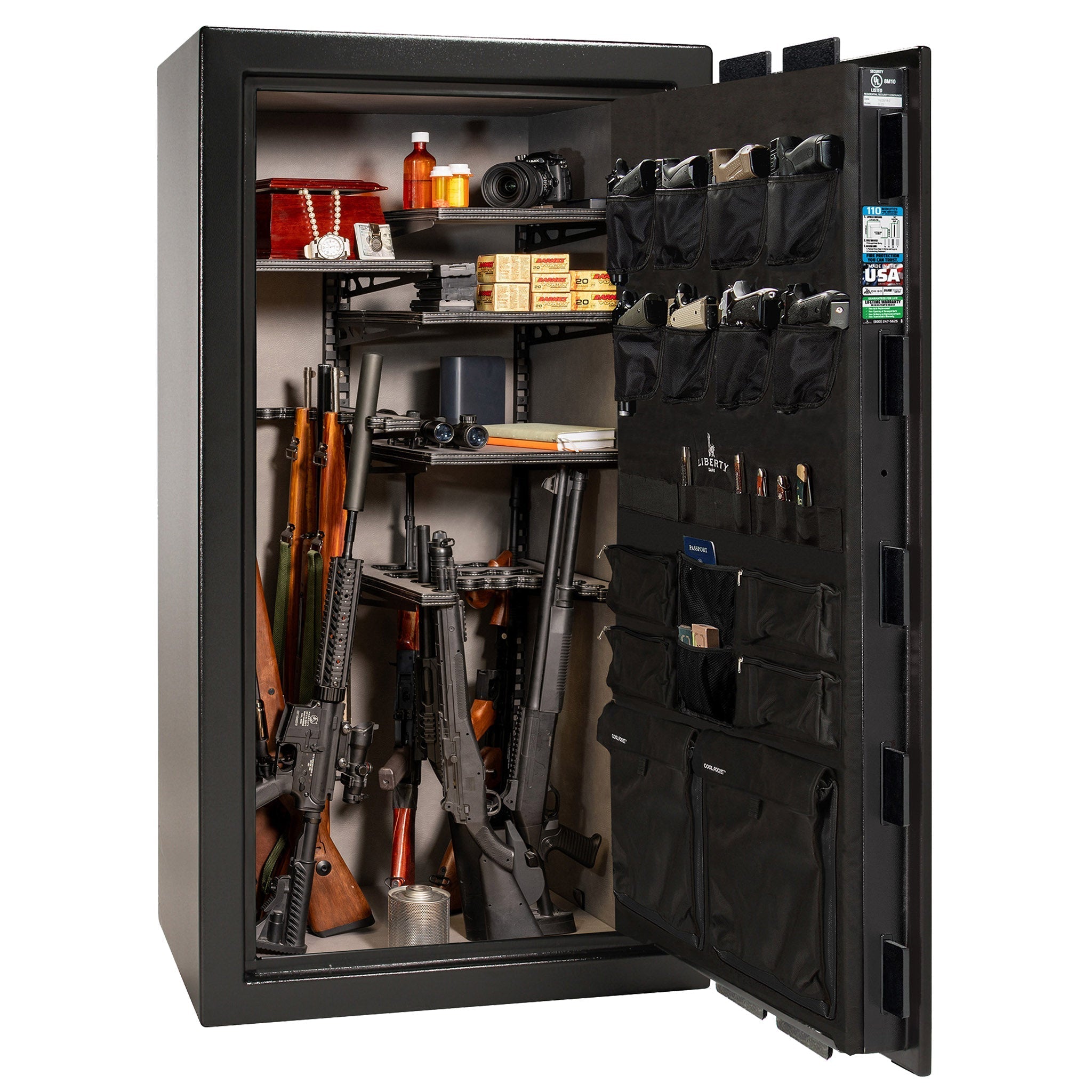 Franklin Series | Level 5 Security | 110 Minute Fire Protection | 40 | DIMENSIONS: 66.5"(H) X 36"(W) X 27.5"(D*) | Textured Black | ProFlex Modular Shelving – Open Door | Idaho Safe & Vault, Caldwell Idaho