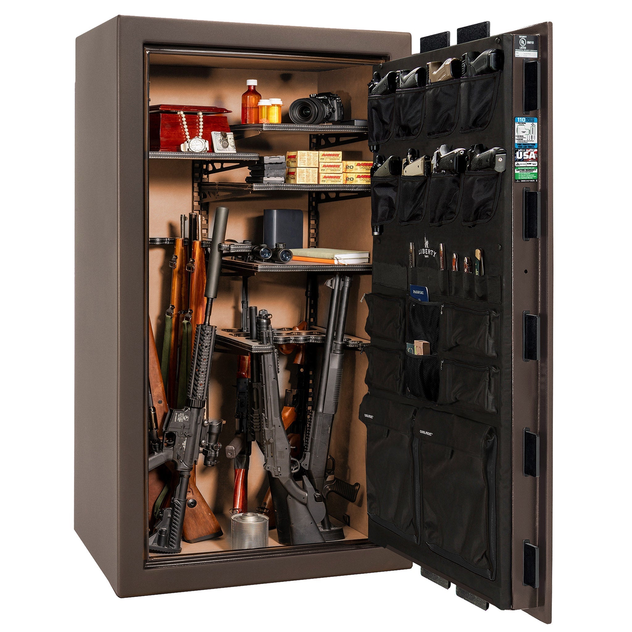 Franklin Series | Level 5 Security | 110 Minute Fire Protection | 40 | DIMENSIONS: 66.5"(H) X 36"(W) X 27.5"(D*) | Textured Bronze | ProFlex Modular Shelving – Open Door | Idaho Safe & Vault, Caldwell Idaho