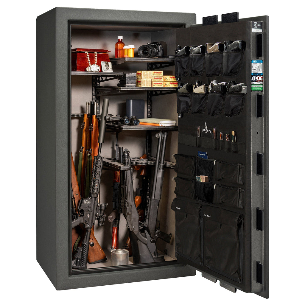 Franklin Series | Level 5 Security | 110 Minute Fire Protection | 40 | DIMENSIONS: 66.5"(H) X 36"(W) X 27.5"(D*) | Textured Granite | ProFlex Modular Shelving – Open Door | Idaho Safe & Vault, Caldwell Idaho