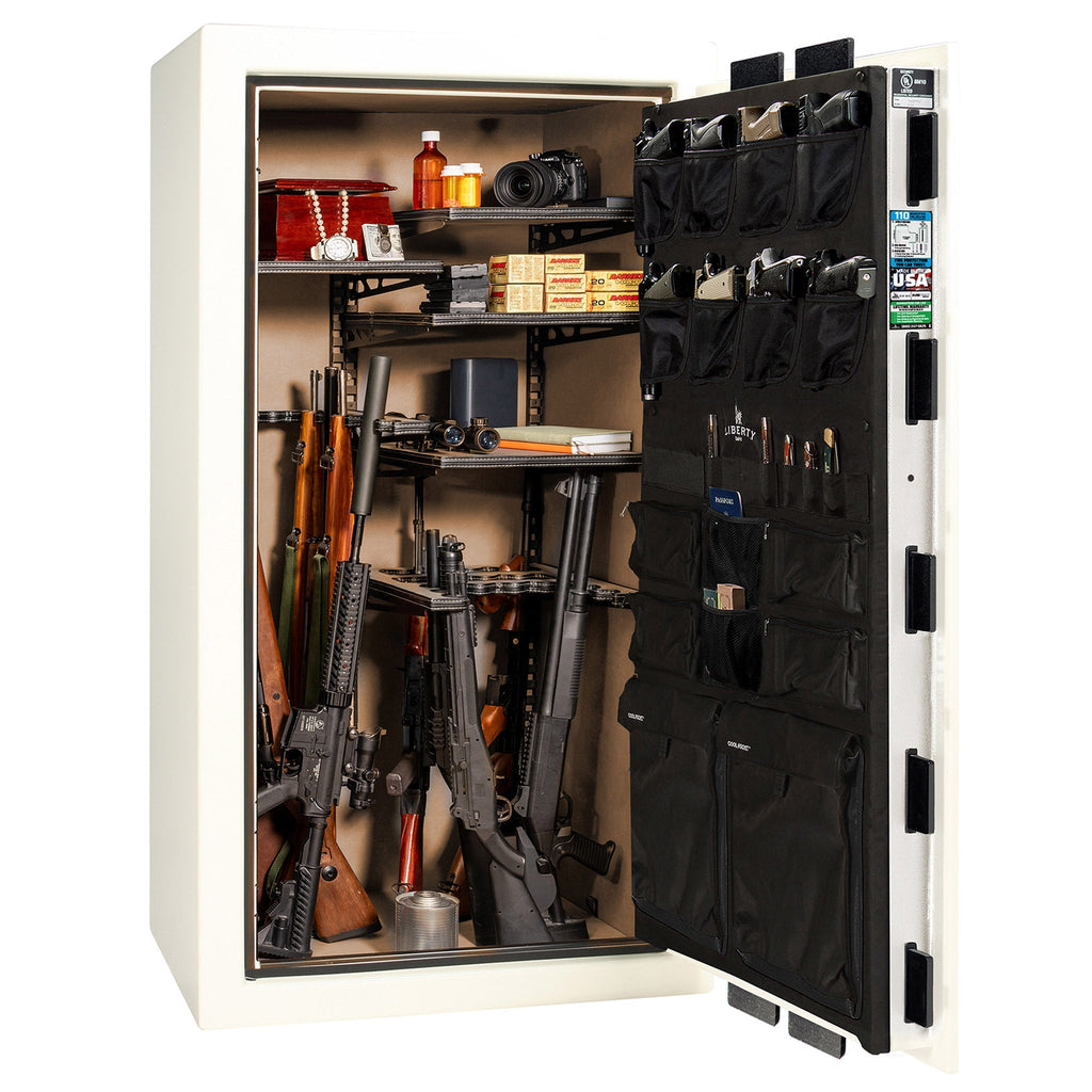 Franklin Series | Level 5 Security | 110 Minute Fire Protection | 40 | DIMENSIONS: 66.5"(H) X 36"(W) X 27.5"(D*) | White Gloss Black Chrome | ProFlex Modular Shelving - Open Door | Idaho Safe & Vault, Caldwell Idaho