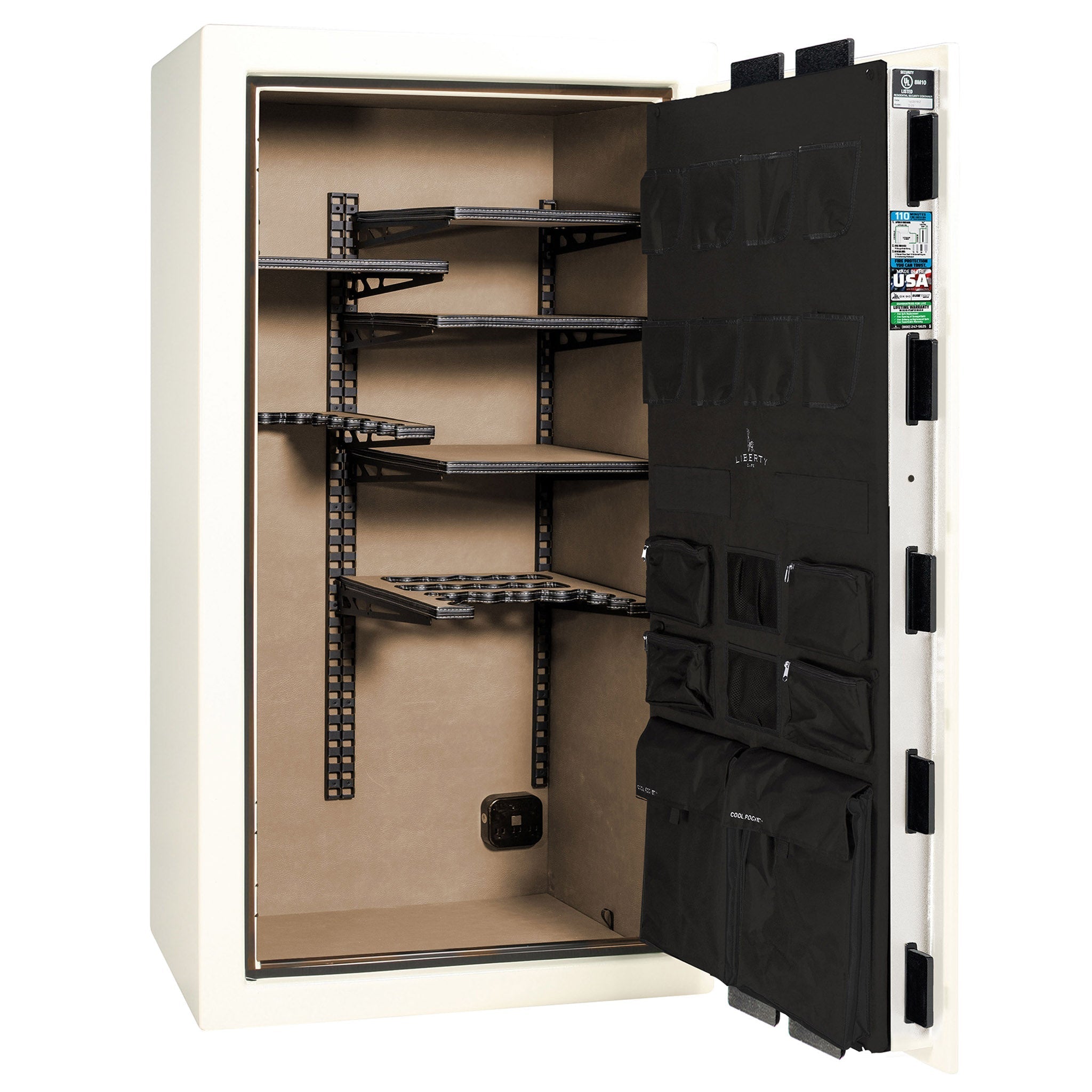 Franklin Series | Level 5 Security | 110 Minute Fire Protection | 40 | DIMENSIONS: 66.5"(H) X 36"(W) X 27.5"(D*) | White Gloss Black Chrome | ProFlex Modular Shelving - Open Door Empty | Idaho Safe & Vault, Caldwell Idaho