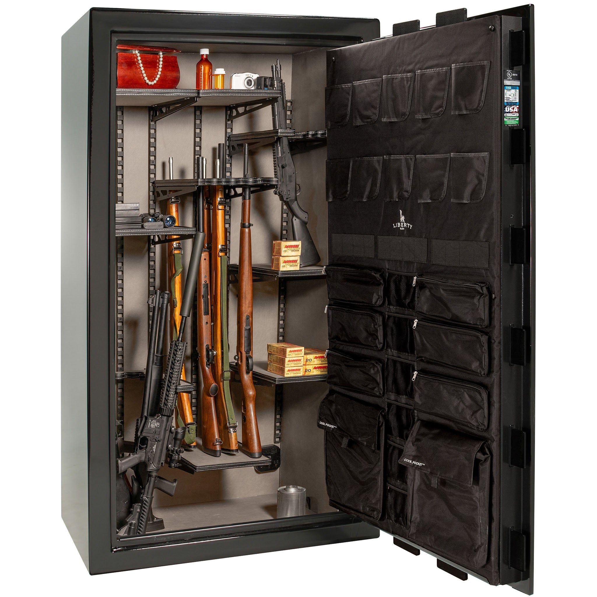 Franklin Series | Level 5 Security | 110 Minute Fire Protection | 50 | DIMENSIONS: 72.5"(H) X 42"(W) X 27.5"(D*) | Black Gloss | ProFlex Modular Shelving - Open Door | Idaho Safe & Vault, Caldwell Idaho