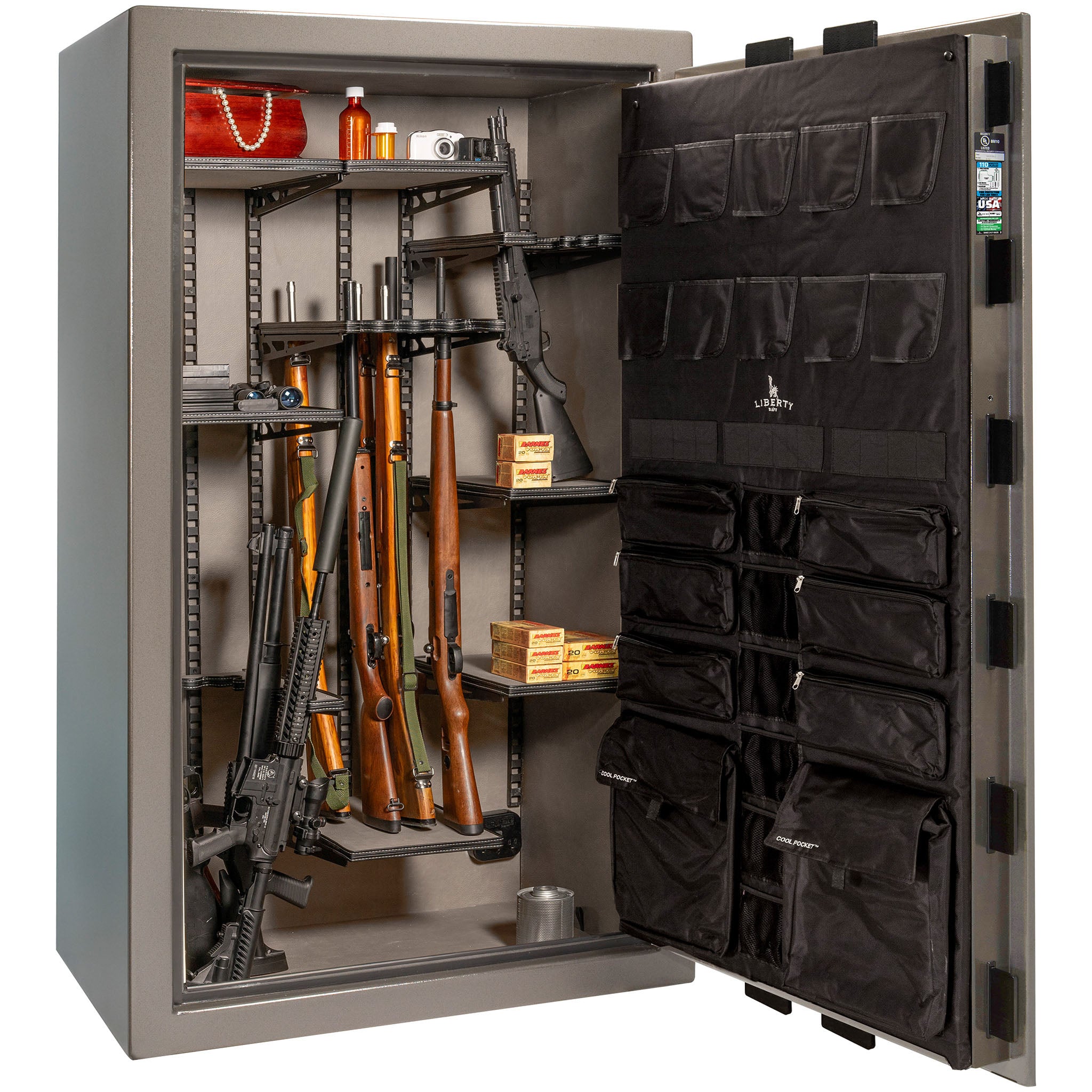 Franklin Series | Level 5 Security | 110 Minute Fire Protection | 50 | DIMENSIONS: 72.5"(H) X 42"(W) X 27.5"(D*) | Gray Marble | ProFlex Modular Shelving - Open Door | Idaho Safe & Vault, Caldwell Idaho