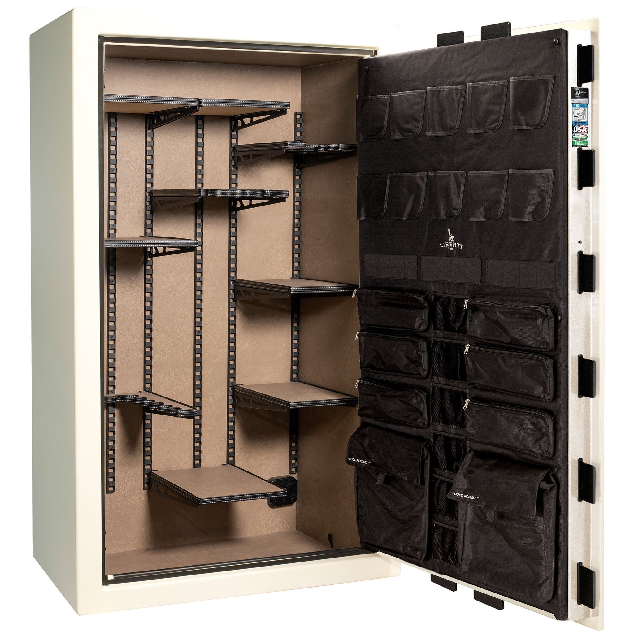 Franklin Series | Level 5 Security | 110 Minute Fire Protection | 50 | DIMENSIONS: 72.5"(H) X 42"(W) X 27.5"(D*) | White Gloss Black Chrome | ProFlex Modular Shelving - Open Door Empty | Idaho Safe & Vault, Caldwell Idaho