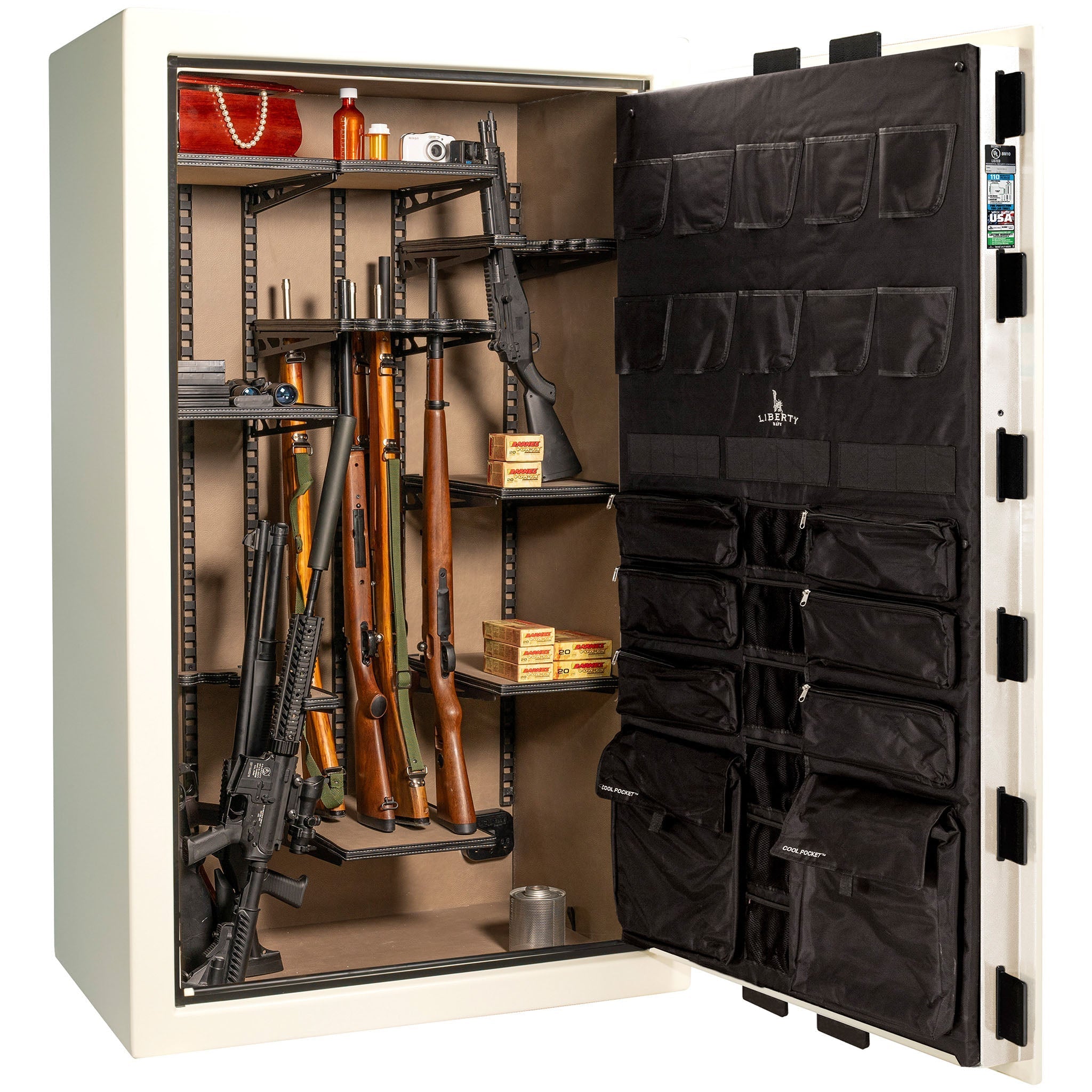 Franklin Series | Level 5 Security | 110 Minute Fire Protection | 50 | DIMENSIONS: 72.5"(H) X 42"(W) X 27.5"(D*) | White Gloss Black Chrome | ProFlex Modular Shelving - Open Door | Idaho Safe & Vault, Caldwell Idaho