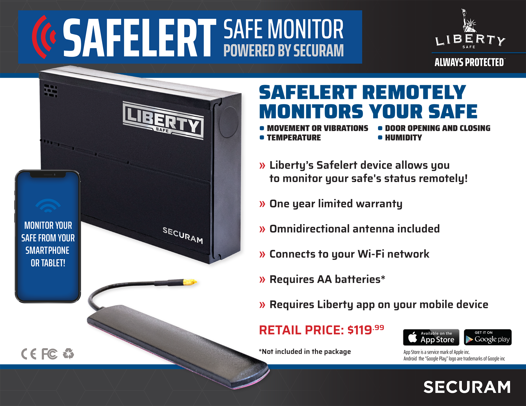 SafElert Securam Safe Monitor | Remotely Monitor Temperature, Humidity, Door Status and Vibration | Flyer | Idaho Safe & Vault, Caldwell Idaho